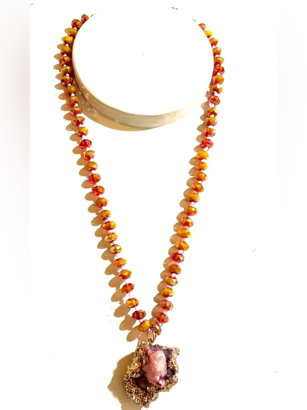 Gold-Accented Pink and Yellow Beaded Pendant Necklace